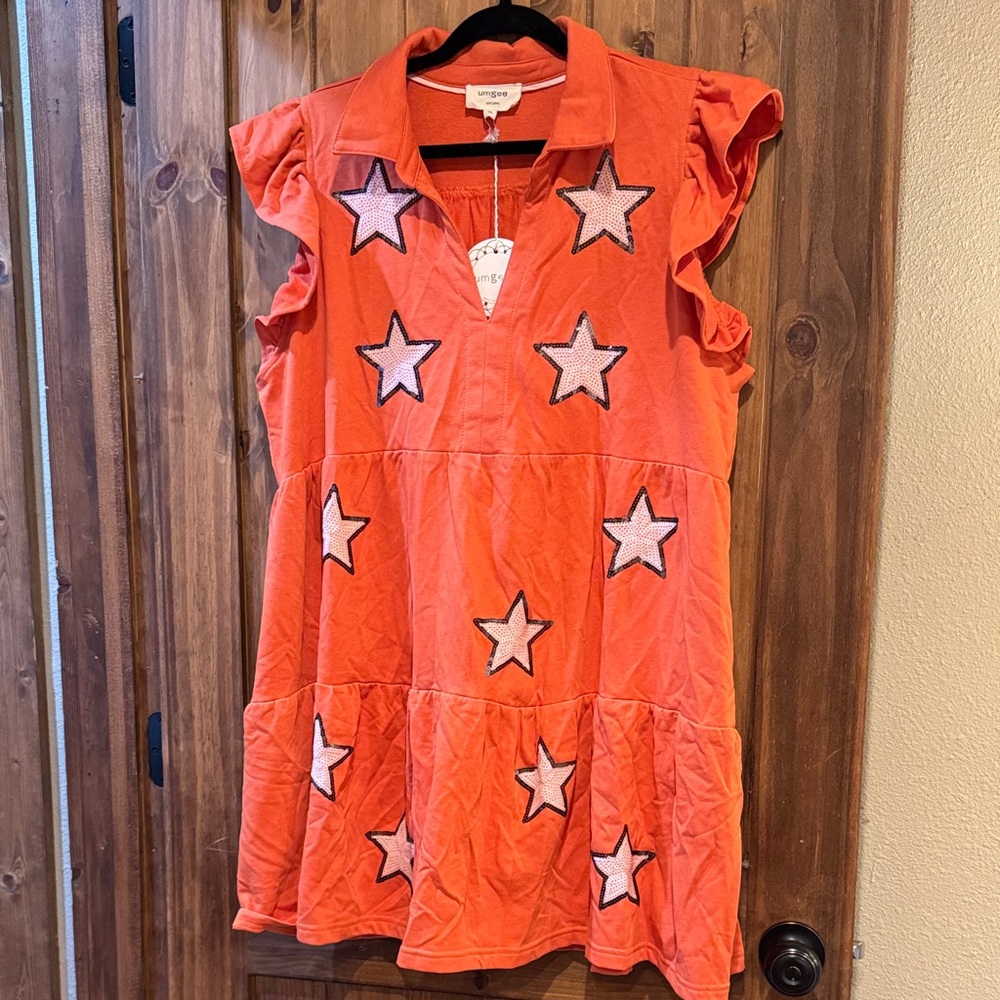 Umgee French Terry Collared Star Mini Dress - orange